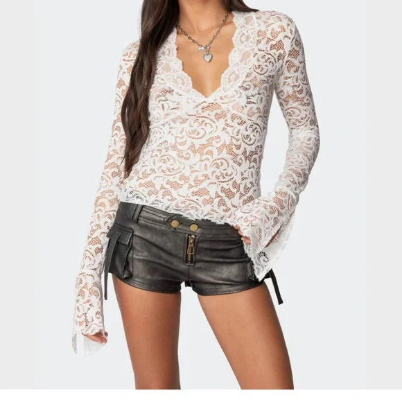 Edikted White Lace Bell Sleeve Blouse - Picture 1 of 3